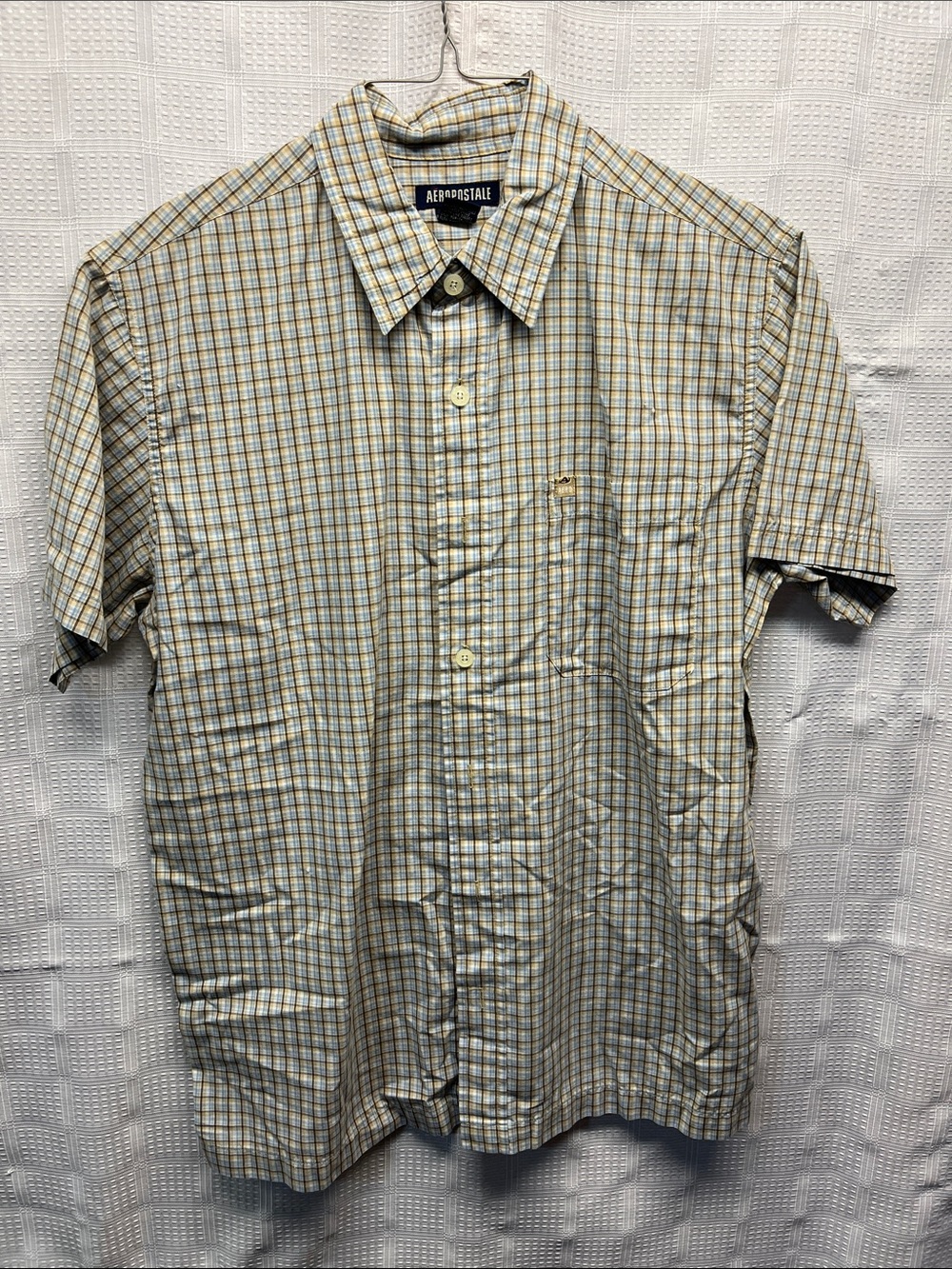 Aeropostale Men's Short-Sleeve Plaid Button-Up Shirt - Cream and Blue